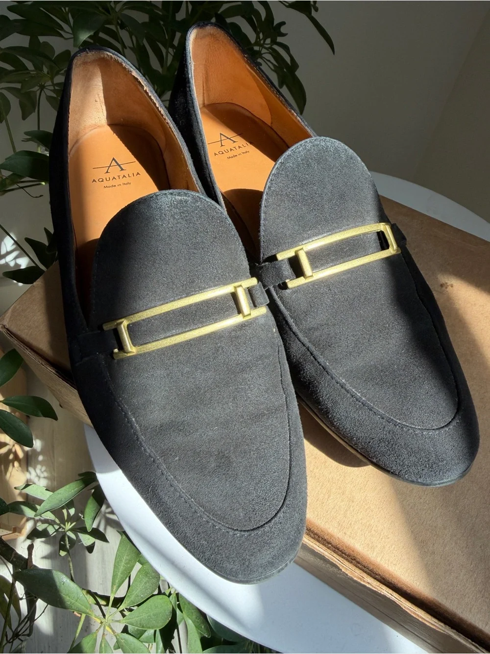 Aquatalia Black Suede Loafers with Gold Accent